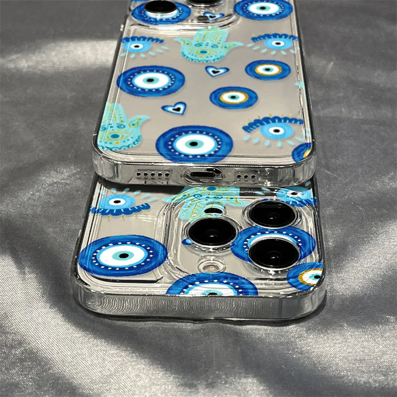 Blue Evil Eye Transparent Silicone Phone Case for iPhone 15, 14, 13, 12, and More Models