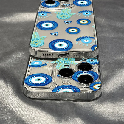 Blue Evil Eye Transparent Silicone Phone Case for iPhone 15, 14, 13, 12, and More Models