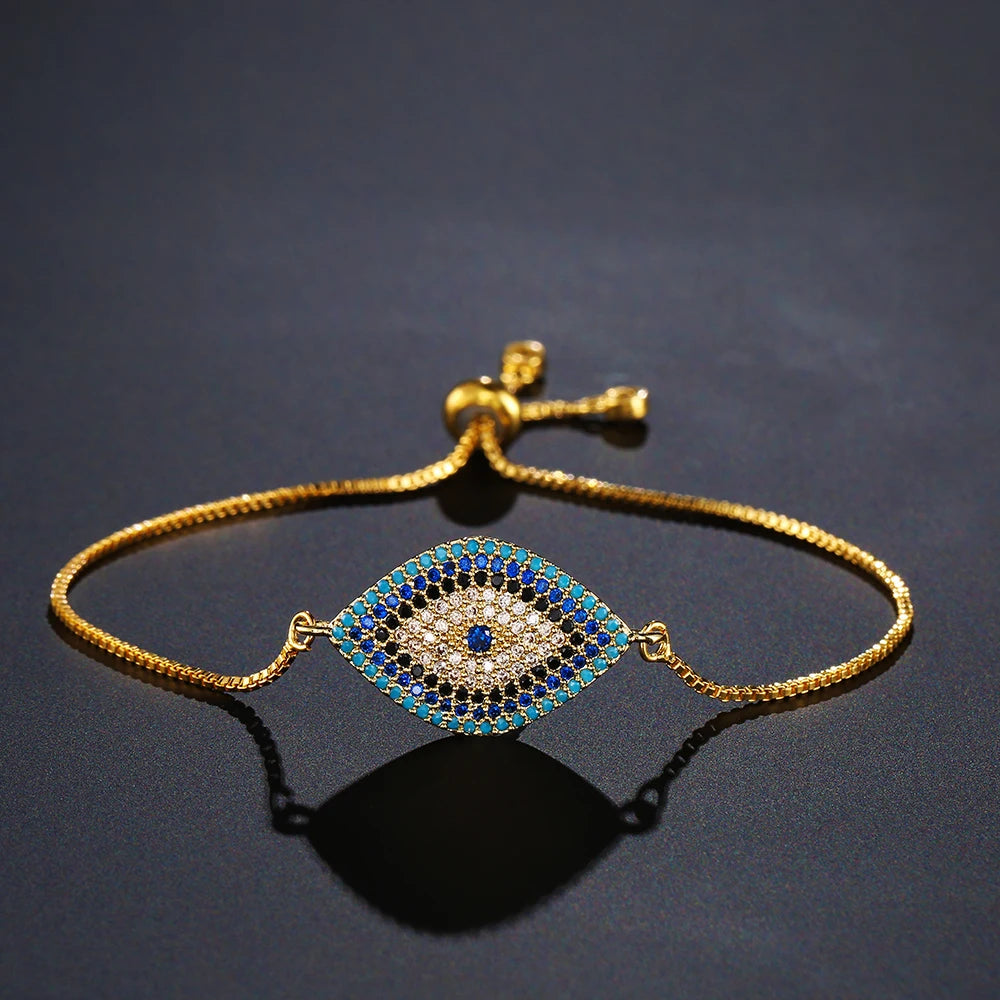 Elegant Turkish Gold Color Evil Eye Bracelet for Women with Adjustable Link Chain and Lucky Charm