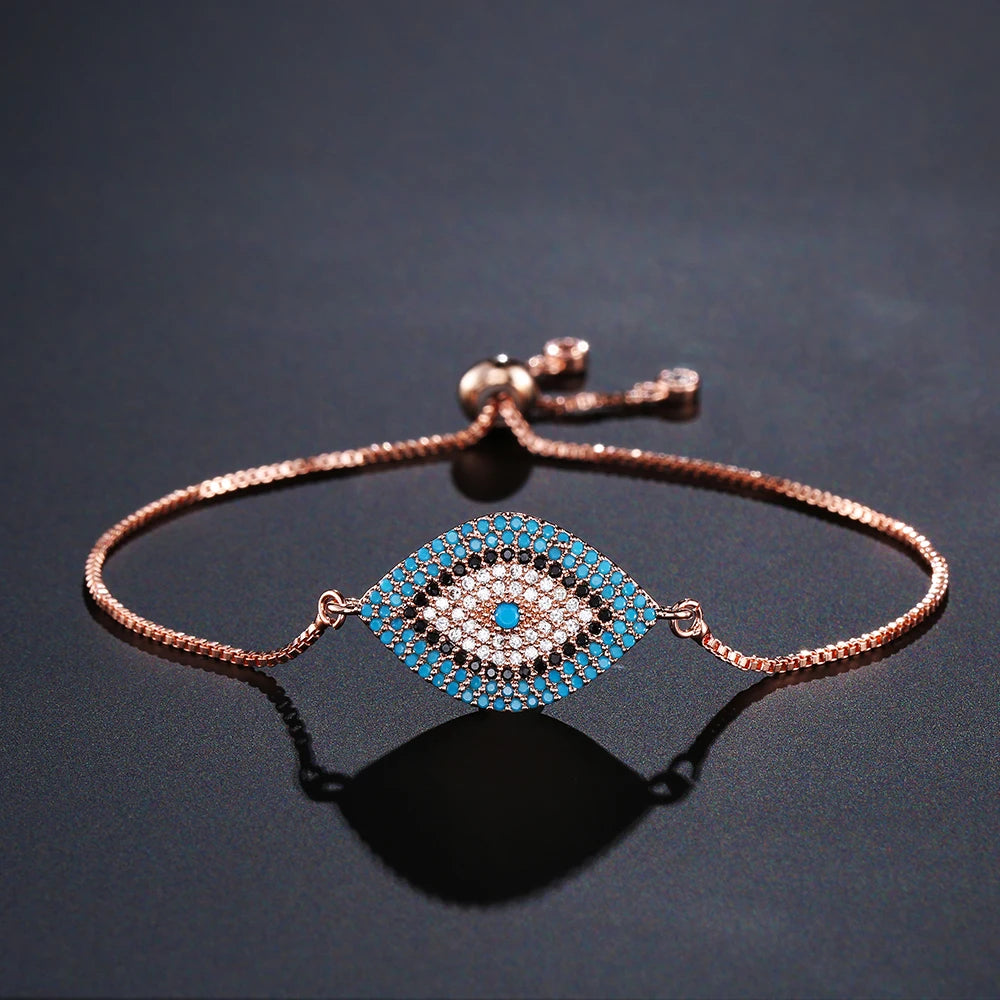 Elegant Turkish Gold Color Evil Eye Bracelet for Women with Adjustable Link Chain and Lucky Charm