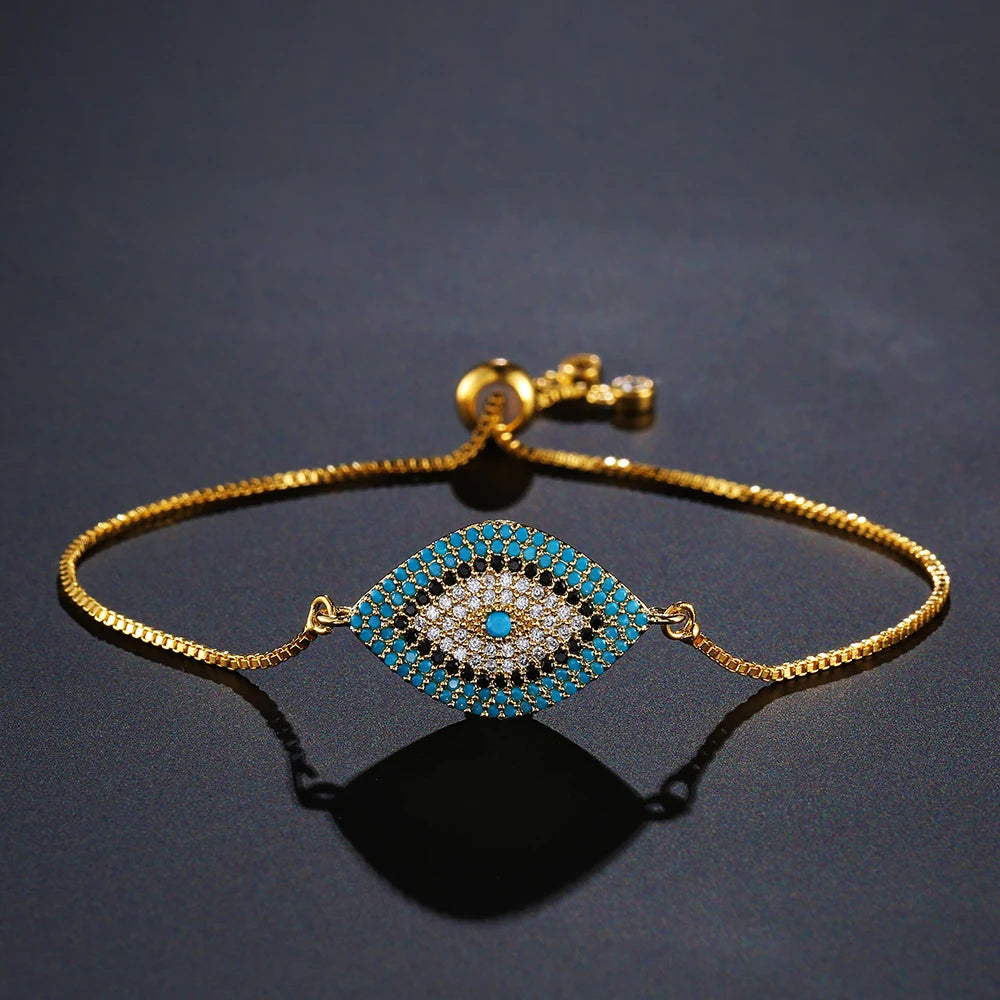 Elegant Turkish Gold Color Evil Eye Bracelet for Women with Adjustable Link Chain and Lucky Charm