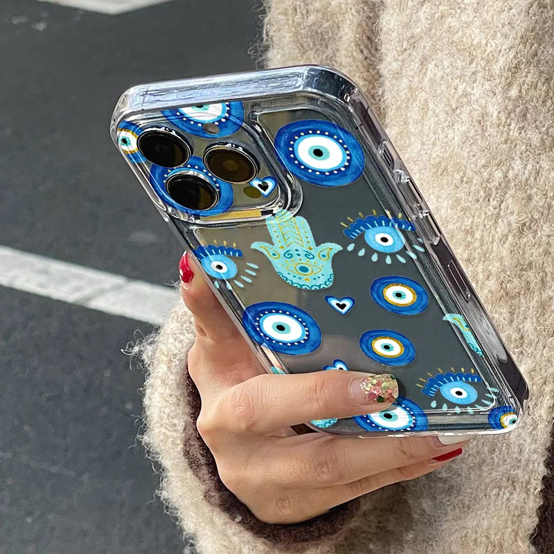 Blue Evil Eye Transparent Silicone Phone Case for iPhone 15, 14, 13, 12, and More Models