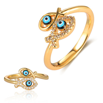 Sparkling Fish Ring with Rainbow Cubic Zirconia and Evil Eye Charm