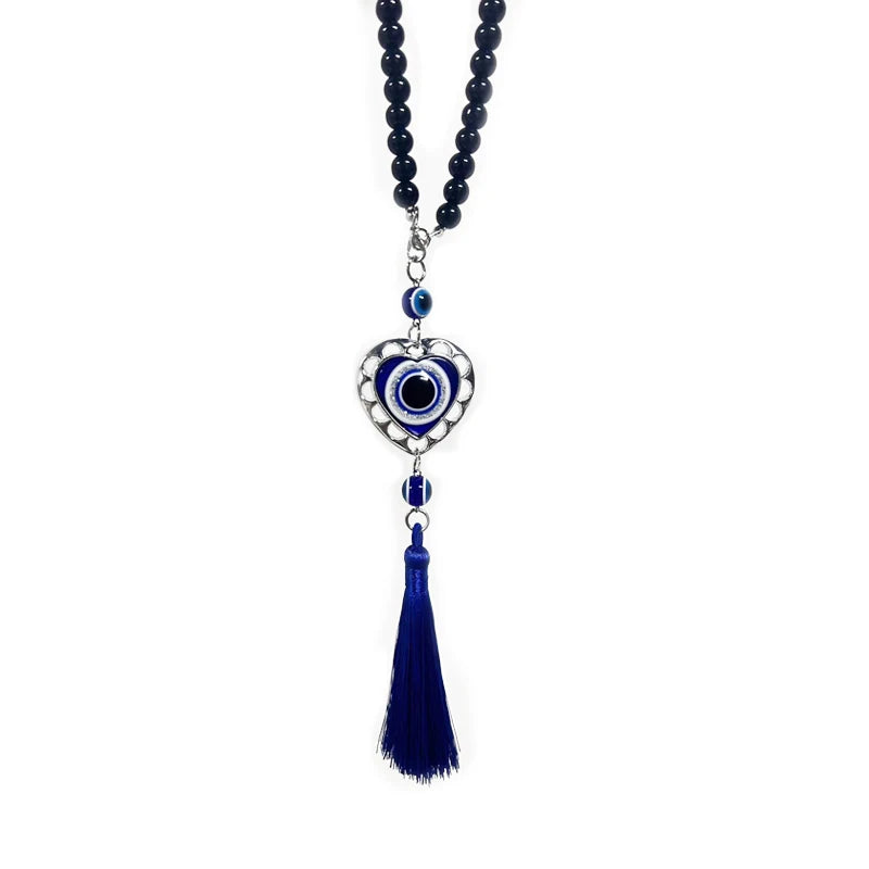 Elegant Blue Crystal Evil Eye Car Rearview Mirror Pendant with Tassels for Protection and Style