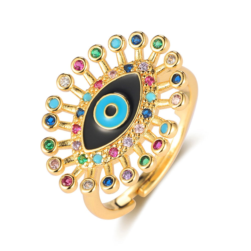 Sparkling Fish Ring with Rainbow Cubic Zirconia and Evil Eye Charm