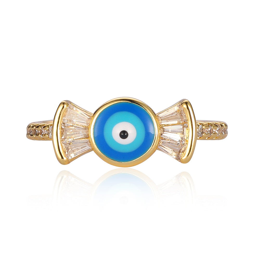 Sparkling Fish Ring with Rainbow Cubic Zirconia and Evil Eye Charm