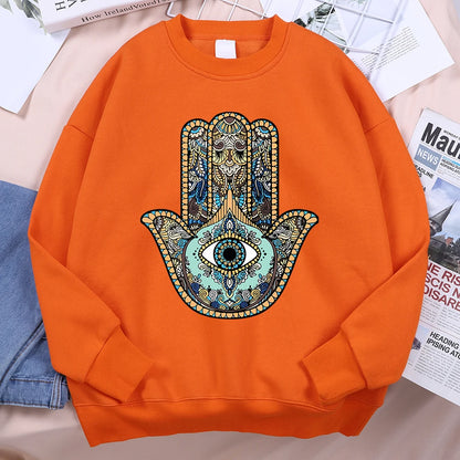 Youthful Blue Evil Eye Hamsa Hand Hoodie with Fleece Warmth for Casual Autumn and Winter Wear