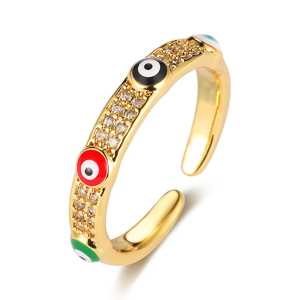 Sparkling Fish Ring with Rainbow Cubic Zirconia and Evil Eye Charm