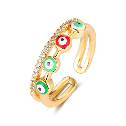 Sparkling Fish Ring with Rainbow Cubic Zirconia and Evil Eye Charm