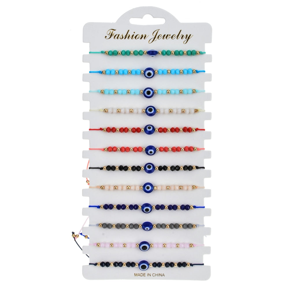 Set of 12 Intricately Woven Turkish Blue Eye Crystal Bracelets: A Handcrafted Accessory Perfect for Women’s Parties, Birthdays and Everyday Style
