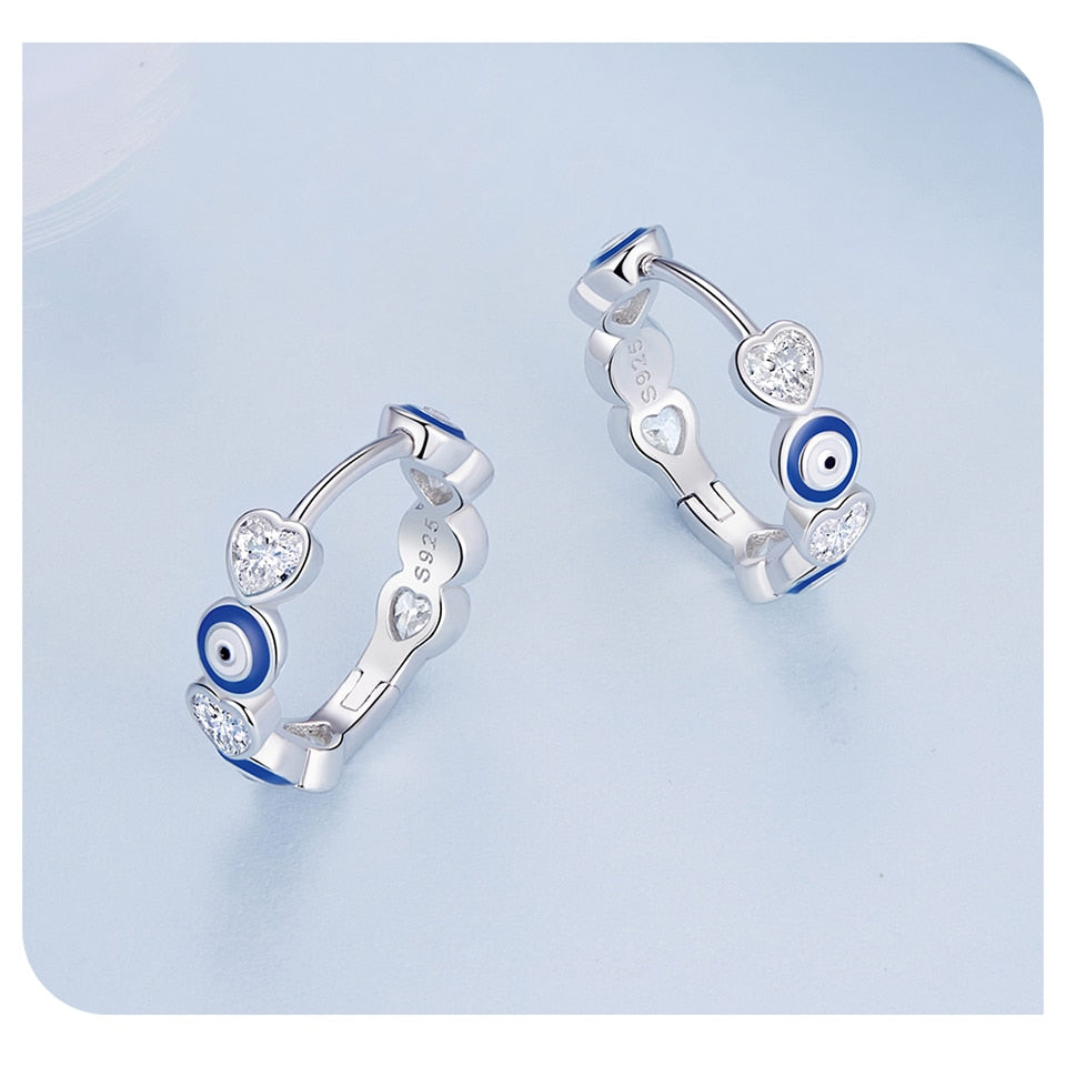 925 Sterling Silver Blue Evil Eye Ear Buckles Heart-shaped Zircon Hoop Earrings for Women Gift Fine Jewelry