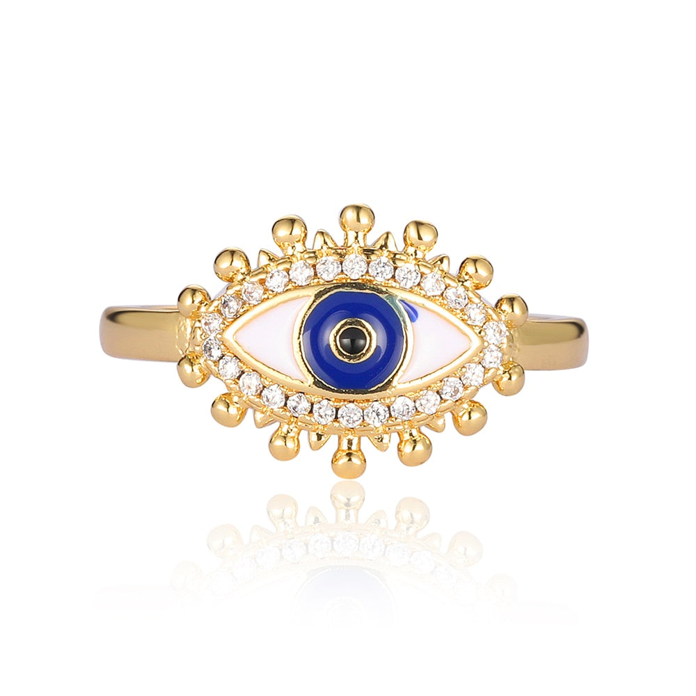 Sparkling Fish Ring with Rainbow Cubic Zirconia and Evil Eye Charm