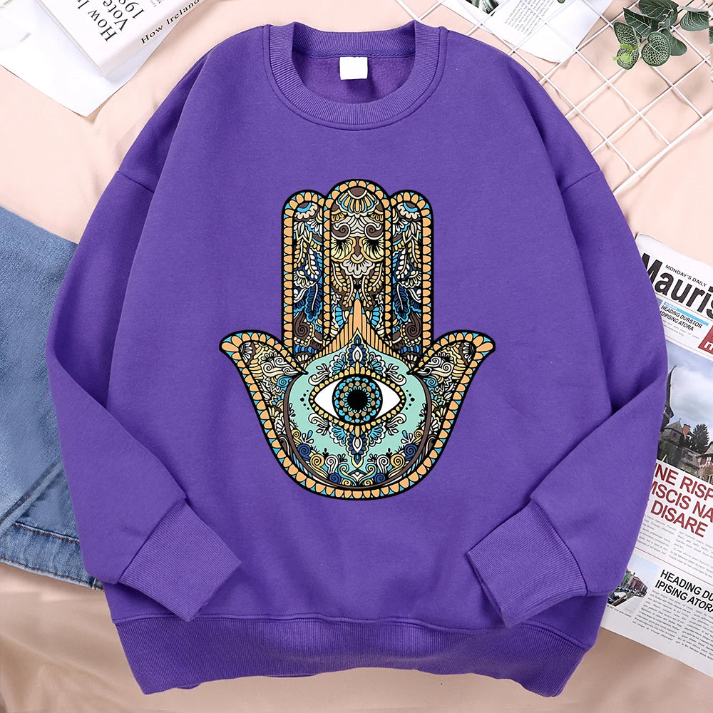 Youthful Blue Evil Eye Hamsa Hand Hoodie with Fleece Warmth for Casual Autumn and Winter Wear